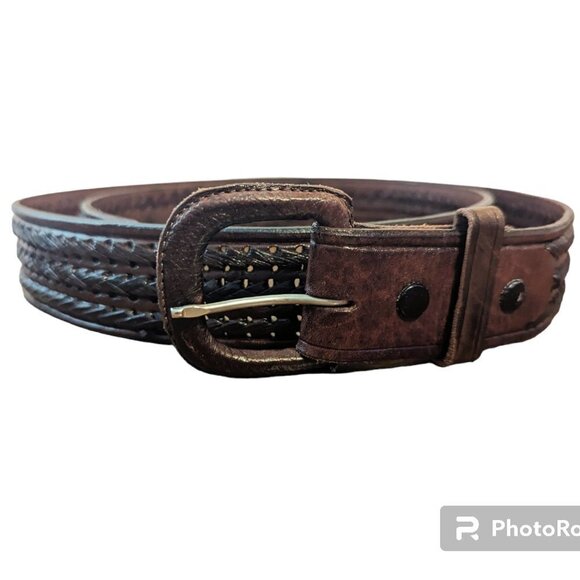 Vintage Leather Weave‎ Belt Boho Brown Leather Covered Buckle Unisex Size 42 main image 6